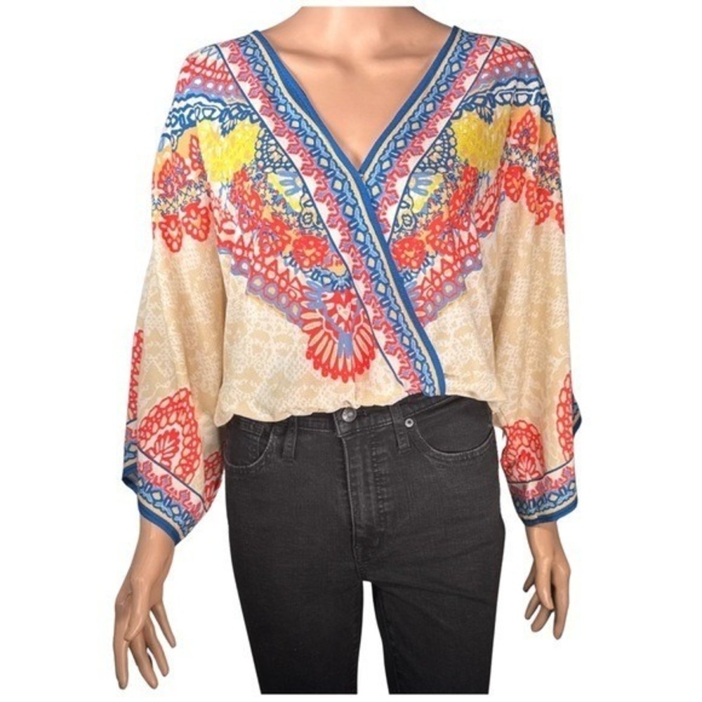 Flying Tomato Boho Geometric Surplice Crop Blouse IT10822TH‎ Multi-Color Small